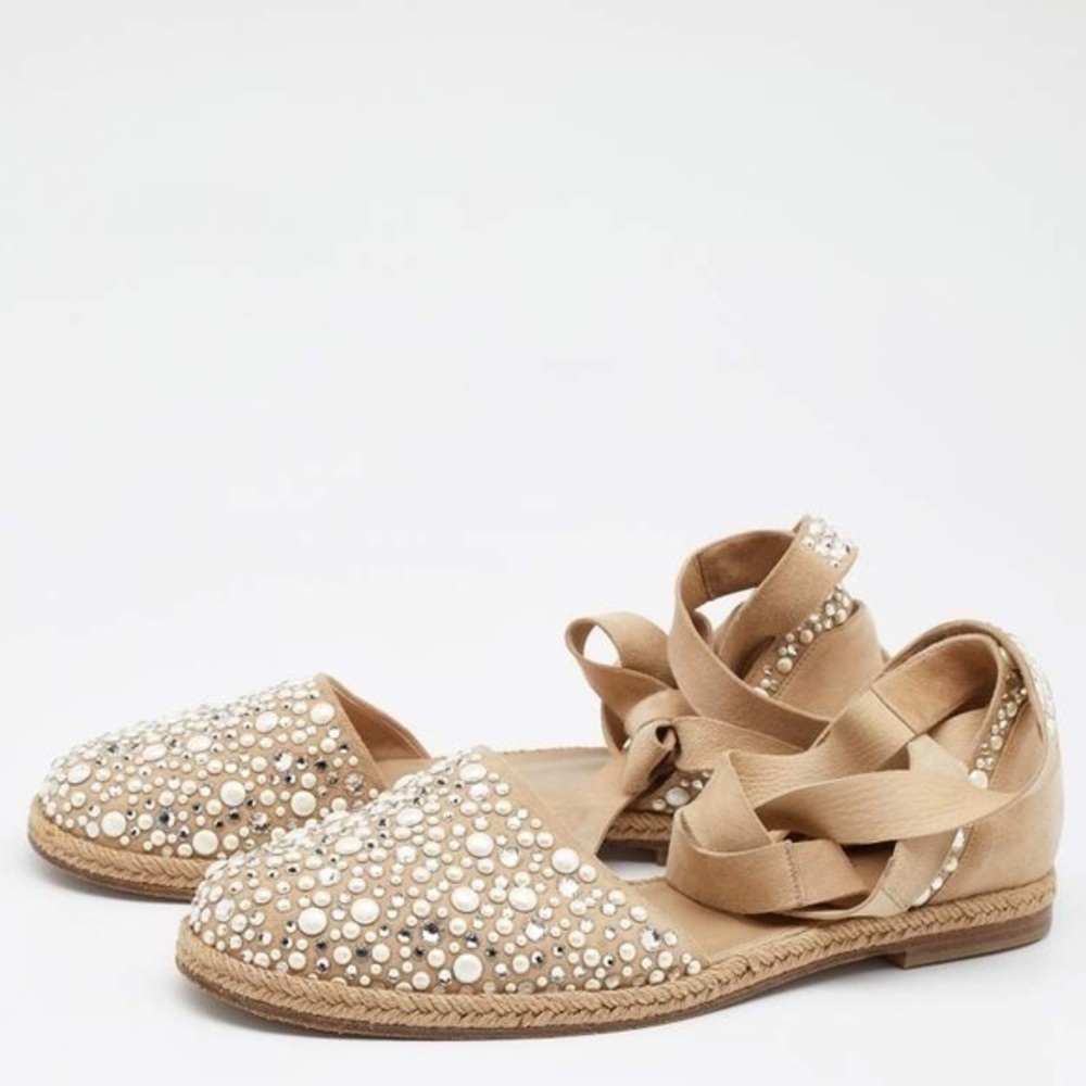 Stuart Weitzman Beige Suede Embellished Ankle Wrap Flat Espadrilles